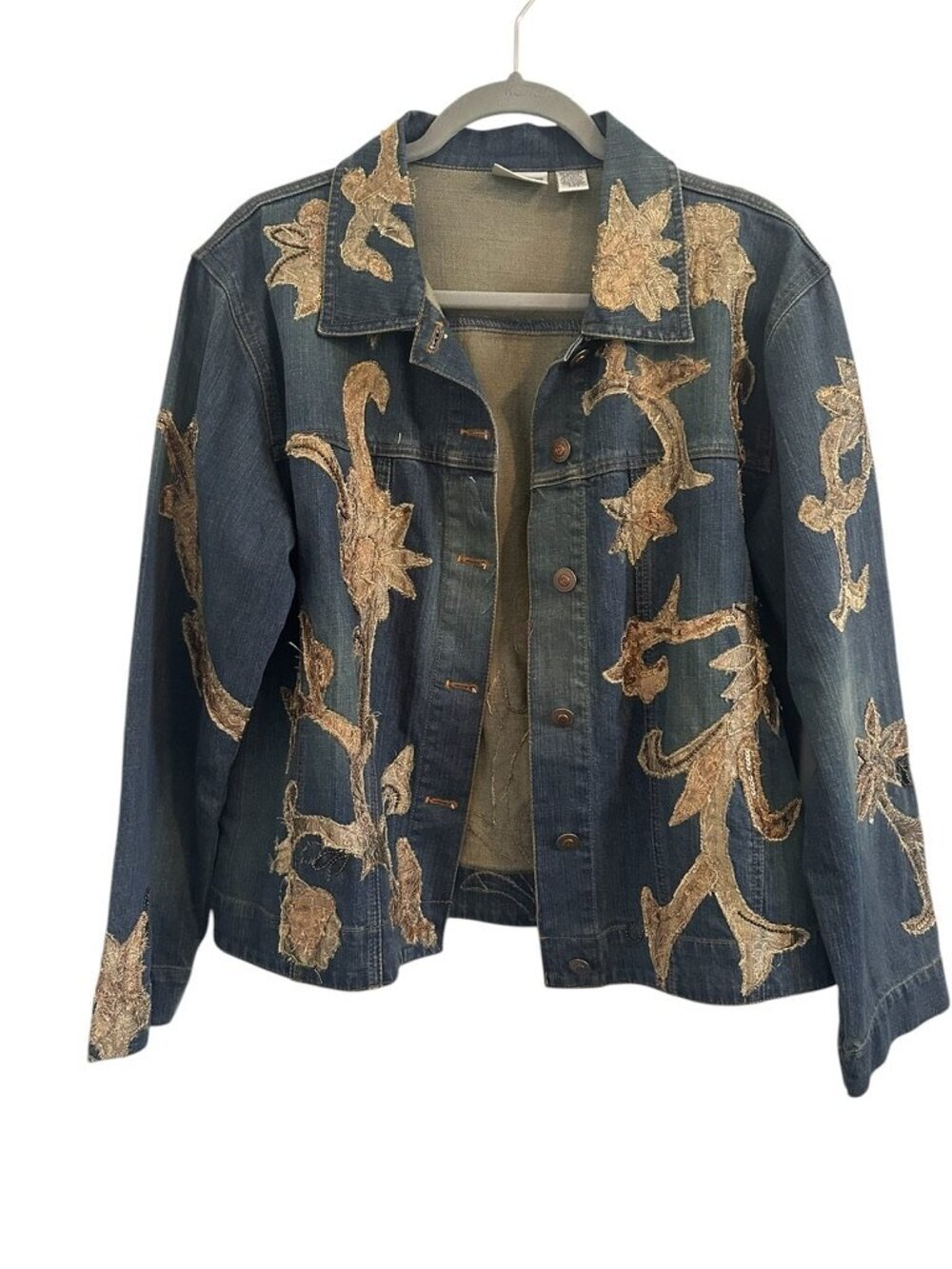 Chico's Vintage Jean Denim Jacket with Golden Shimmer Embroidery, Large